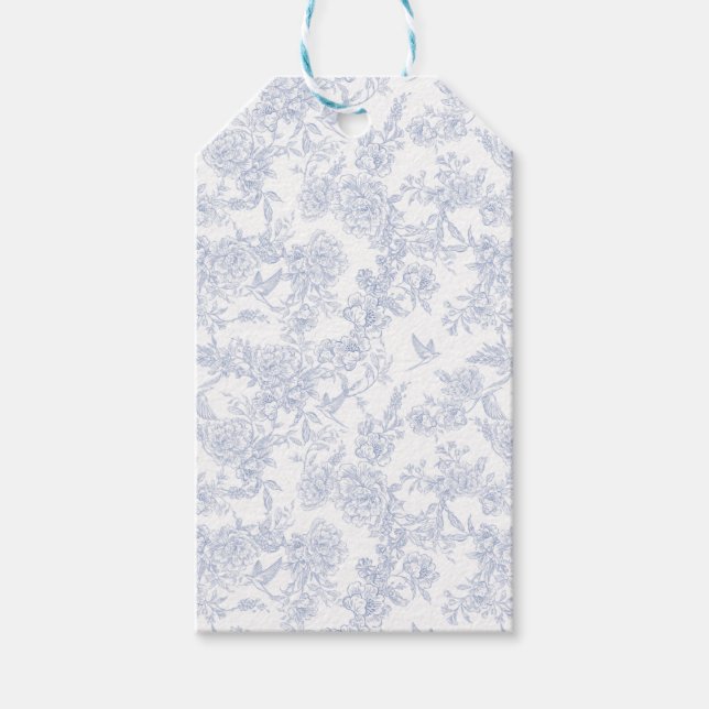 Étiquettes-cadeau Toile de Jouy bleue florale élégante (Devant)