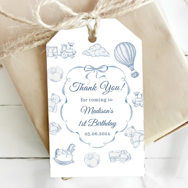 Étiquettes-cadeau Toile De Jouy Blue Bow Birthday Party  (Créateur téléchargé)