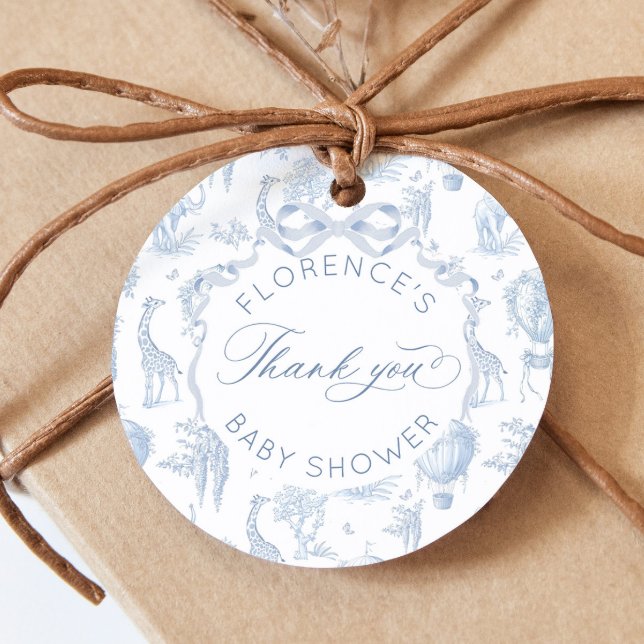 Étiquettes Cadeau Toile de Jouy Safari Animaux Baby showers Bleus (Créateur téléchargé)