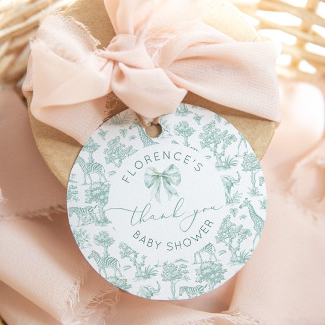 Étiquettes Cadeau Toile de jouy Safari Sage Baby shower merci (Créateur téléchargé)