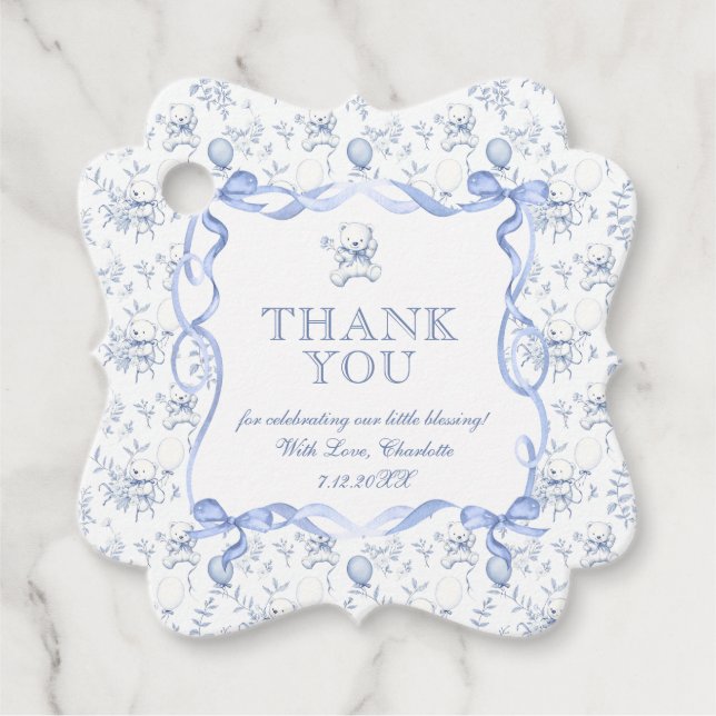 Étiquettes Cadeau Toile Teddy Bear Dusty Baby shower bleu Merci (Devant)