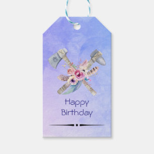 Étiquettes-cadeau Tomahawk Plumes et fleurs Joyeux anniversaire