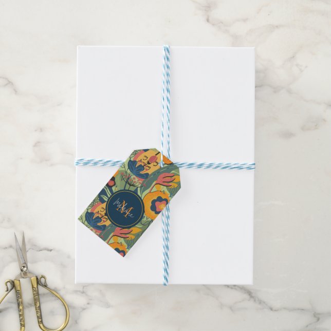 Étiquettes-cadeau Tons Terre fleurs abstraites motif, monogramme (Avec de laficelle)