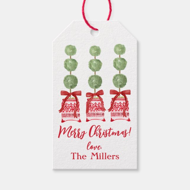 Étiquettes-cadeau Topiary Christmas rouge et blanc (Devant)
