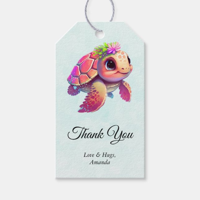 Étiquettes-cadeau Tortue de mer rose Whimsical & Merci mignon (Devant)