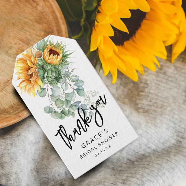 Étiquettes-cadeau Tournesol Eucalyptus Merci Favoriser Fête des mari (Sunflower Eucalyptus Greenery Bridal Shower Favor Gift Tags)
