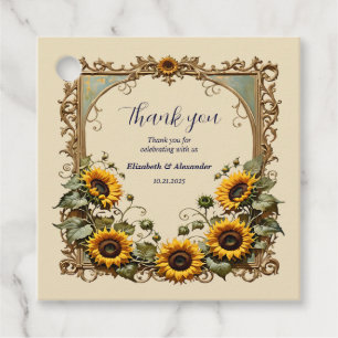 Étiquettes Cadeau Tournesol jaune avec cadre d'art mariage