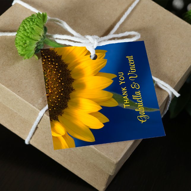 Étiquettes Cadeau Tournesol jaune sur Mariage bleu (Créateur téléchargé)