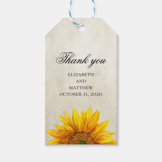 Étiquettes-cadeau Tournesol. Merci rustique. Balise cadeau mariage (Devant)