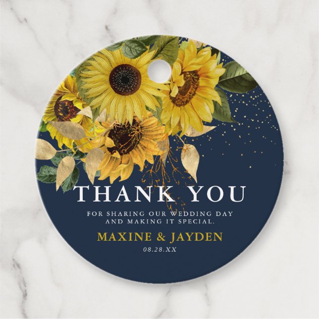 Étiquettes Cadeau Tournesol rustique Marine & Mariage or Merci (Devant)