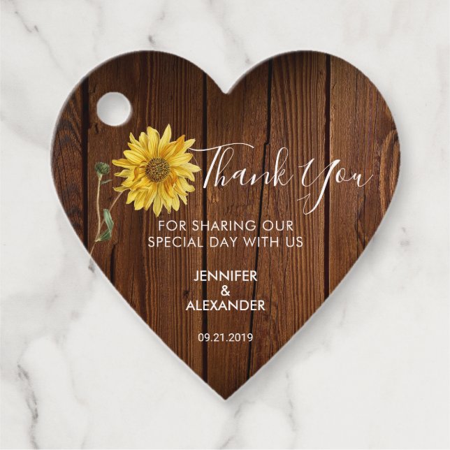 Étiquettes Cadeau Tournesol rustique sur bois de grange mariage merc (Devant)