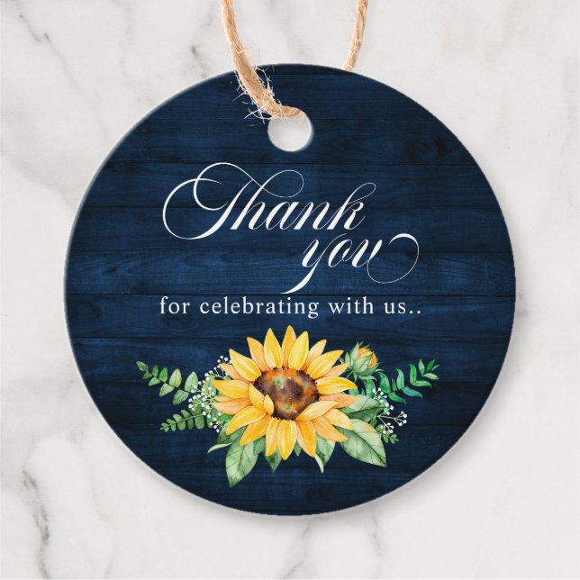 Étiquettes Cadeau Tournesols rustiques Mariage bleu marine (Devant)