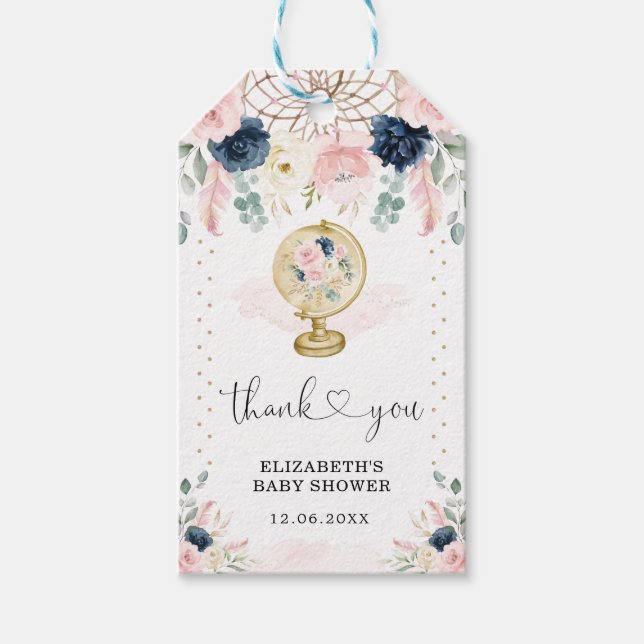 Étiquettes-cadeau Travel Dreamcatcher Blush Navy Baby shower de fleu (Devant)
