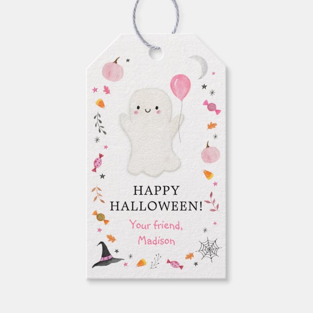 Étiquettes-cadeau Treat Halloween Ghost rose (Devant)