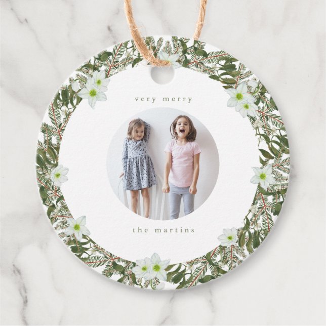 Étiquettes Cadeau Très Joyeux pin et fleurs hiver Wreath Noël (Devant)