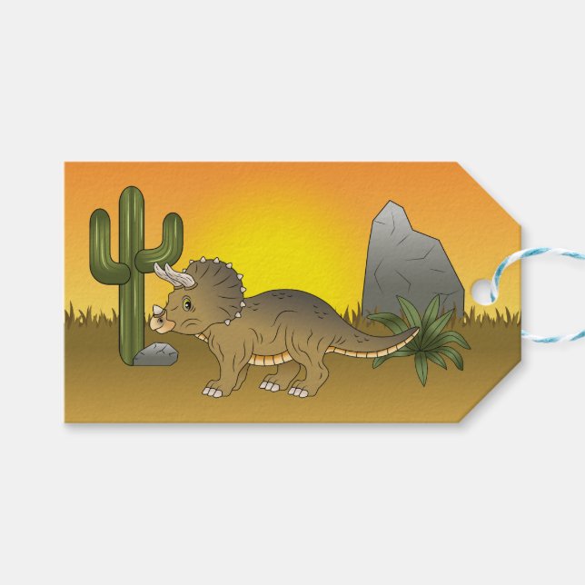 Étiquettes-cadeau Tricératops Dinosaure Caricature Cute Dans Le Dése (Devant (Horizontal))