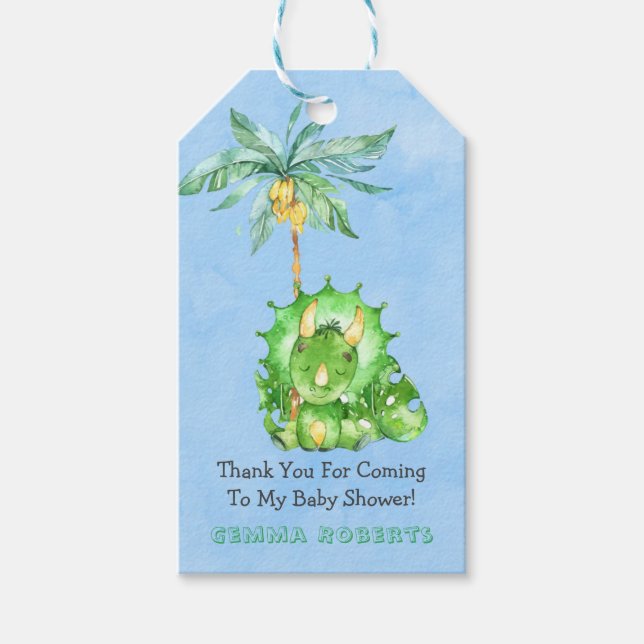 Étiquettes-cadeau Tricératops peints en vert Baby shower Merci (Devant)