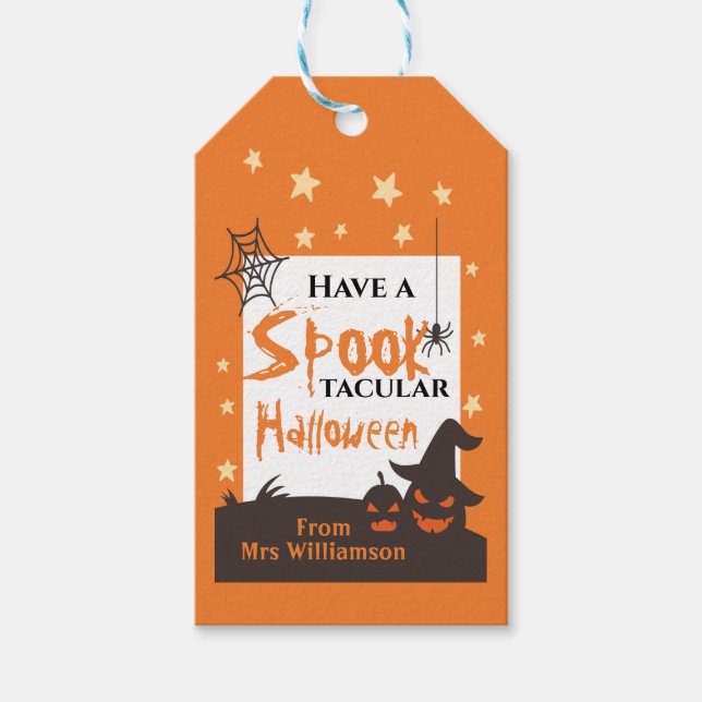 Étiquettes-cadeau Trick d'Halloween ou traiter le Citrouille orange (Devant)