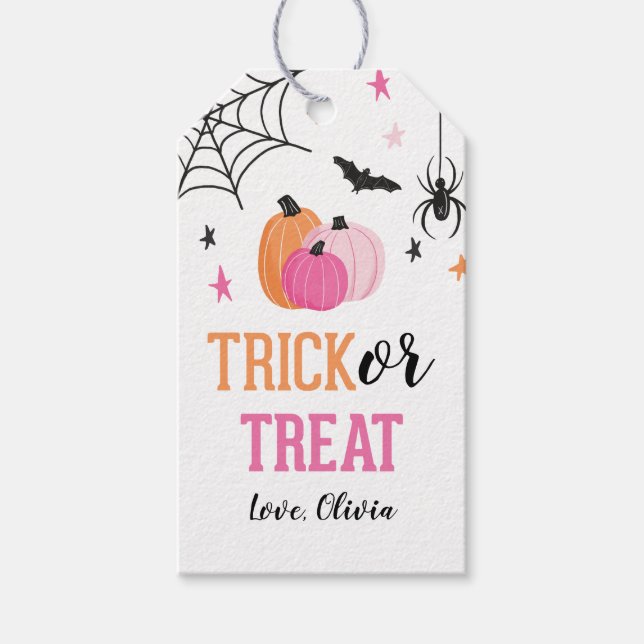 Étiquettes-cadeau Trick ou Treat Halloween rose Citrouilles et araig (Devant)