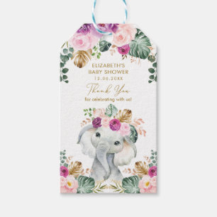 Étiquettes-cadeau Tropical Blush Purple Floral Elephant Baby shower