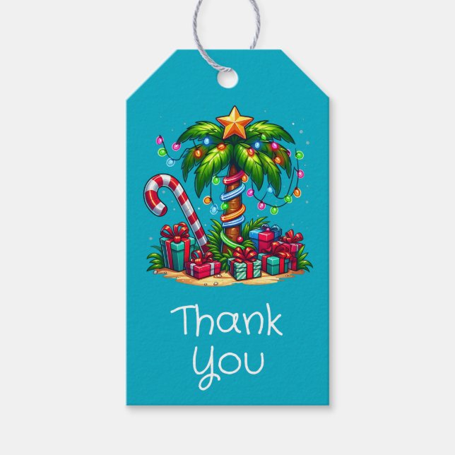 Étiquettes-cadeau Tropical Christmas Holiday Palm Tree Merci (Devant)
