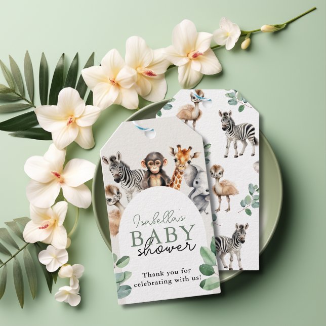 Étiquettes-cadeau Tropical Jungle Safari Animaux Baby showers Garçon (Tropical Jungle Safari Animals Boy Baby Shower Gift Tags)