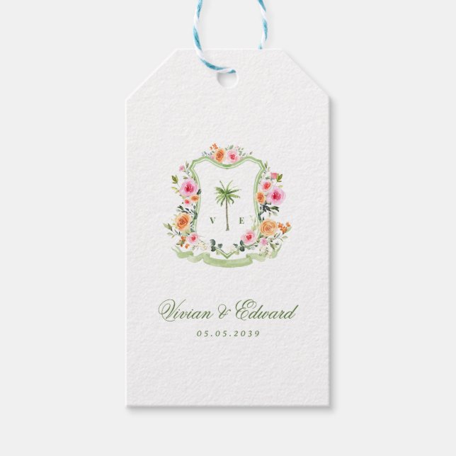 Étiquettes-cadeau Tropical Palm Tree Monogram Crest Beach Wedding (Devant)