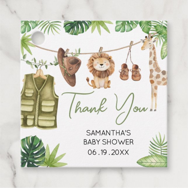 Étiquettes Cadeau Tropical Safari Jungle Animaux Baby shower Carré (Devant)