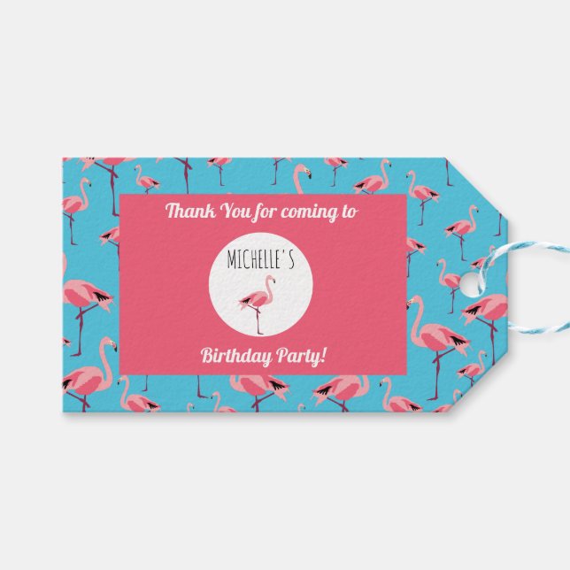 Étiquettes-cadeau Tropical Summer Pink Flamingo modèle Anniversaire (Devant (Horizontal))