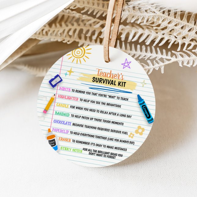 Étiquettes Cadeau Trousse de survie de l'enseignant Retour à l'école (Teacher's Survival Kit Round Favor Tags)