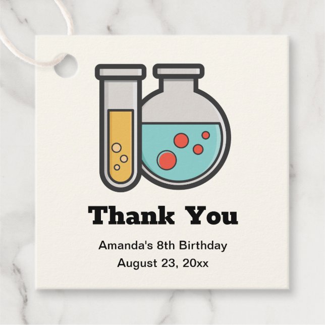 Étiquettes Cadeau Tube d'essai de chimie et Merci d'anniversaire de  (Devant)