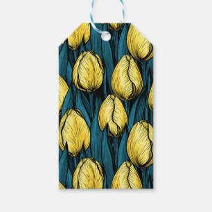 Étiquettes-cadeau Tulières jaunes avec feuilles bleus