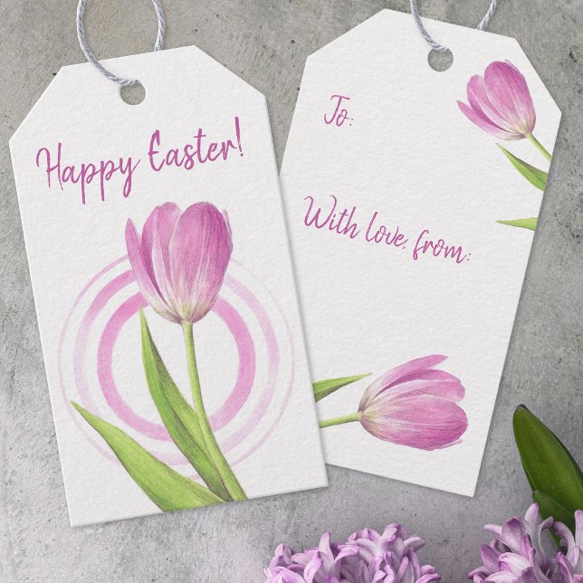 Étiquettes-cadeau Tulipe rose Printemps de Pâques Elégante aquarelle (Créateur téléchargé)