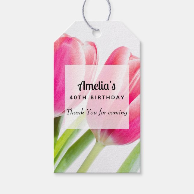 Étiquettes-cadeau Tulipes roses avec Feuilles verts Anniversaire Mer (Devant)
