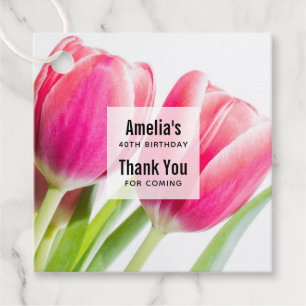 Étiquettes Cadeau Tulipes roses avec Merci photo Feuille vert