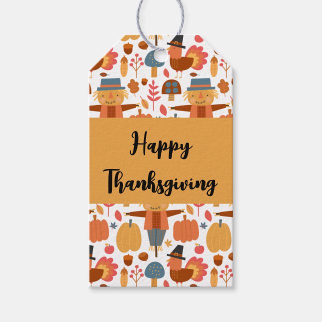 Étiquettes-cadeau Turquie et Scarecrow Thanksgiving Motif (Devant)