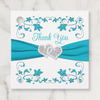 Étiquettes Cadeau Turquoise, Blanc, Silver Love Hearts Mariage