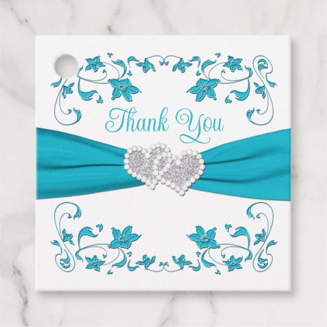 Étiquettes Cadeau Turquoise, Blanc, Silver Love Hearts Mariage (Devant)
