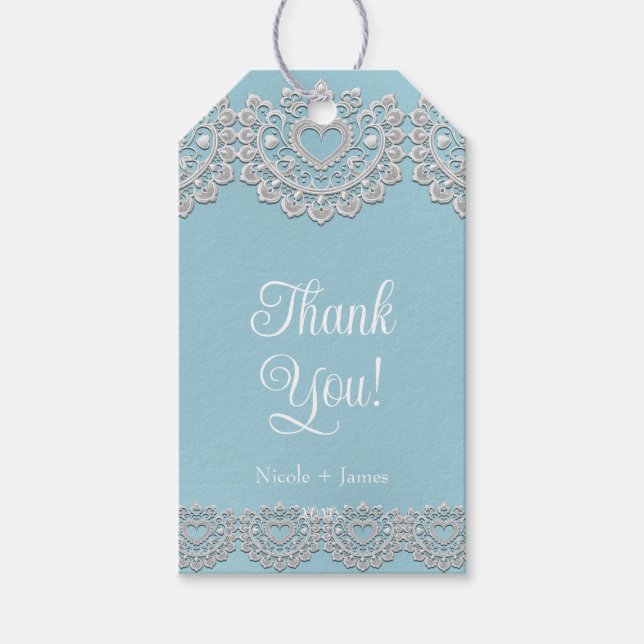 Étiquettes-cadeau Turquoise Bleu Blanc dentelle Coeur Mariage (Devant)