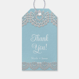 Étiquettes-cadeau Turquoise Bleu Blanc Dentelle Cœur Mariage Mariée