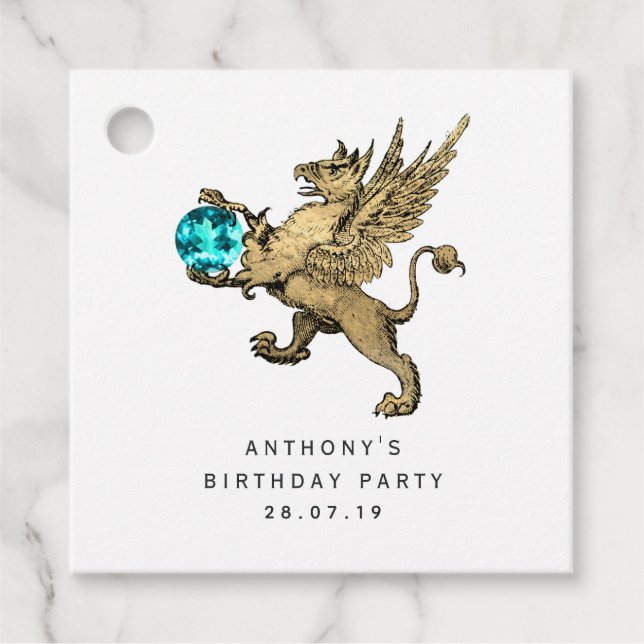 Étiquettes Cadeau Turquoise et Gold Griffon Damask Aquamarine Gemsto (Devant)