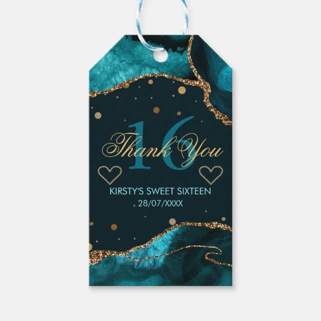 Étiquettes-cadeau Turquoise & Faux Gold Parties scintillant Agate Sw (Devant)