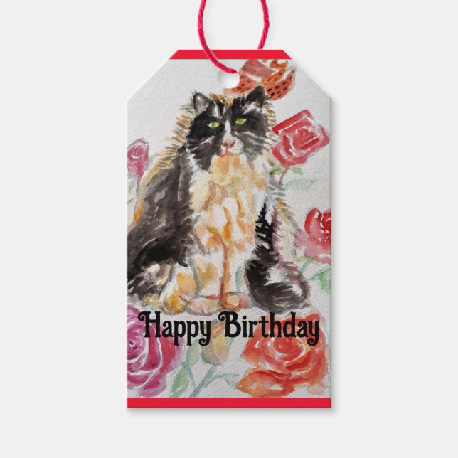 Étiquettes-cadeau Tuxedo Chat Cute Rose Fleurs Chats Aquarelle Rose (Devant)