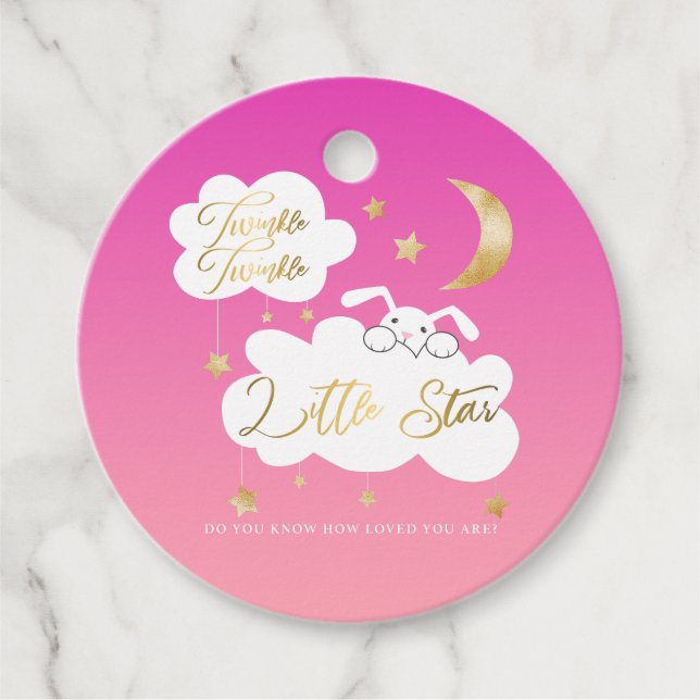 Étiquettes Cadeau Twinkle Little Star Bunny Baby shower rose or (Devant)