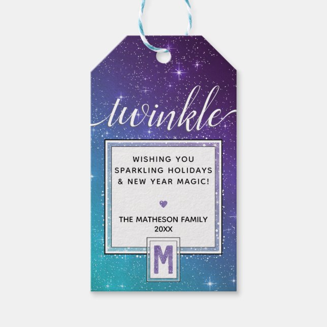 Étiquettes-cadeau TWINKLE Purple Aquarelle Monogramme et étoile Turq (Devant)