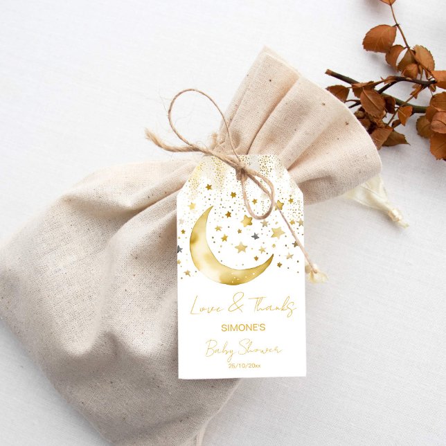 Étiquettes-cadeau Twinkle scintille petit baby shower étoile en fave (Twinkle twinkle little star baby shower favor gift tags white and gold moon stars cute favor tags)