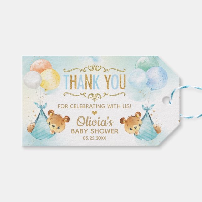 Étiquettes-cadeau Twins Baby Boys mignons Bears Balloons Baby shower (Devant (Horizontal))