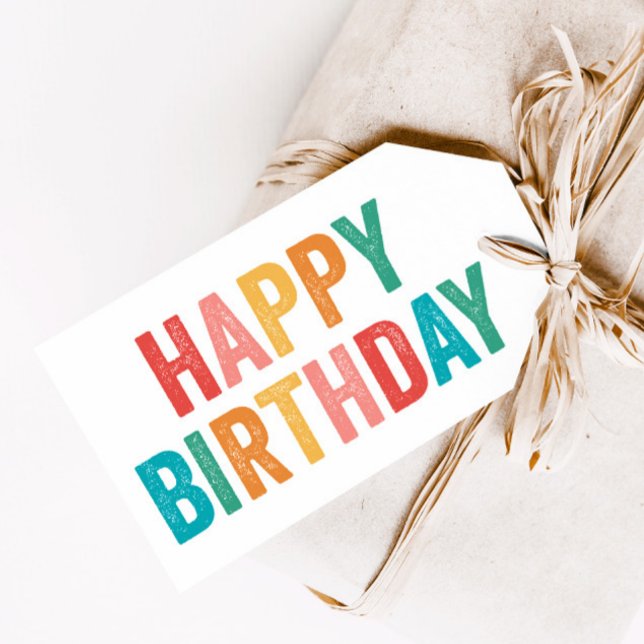 Étiquettes-cadeau Type Arc-en-ciel Joyeux Anniversaire (Colorful type happy birthday gift tags.)