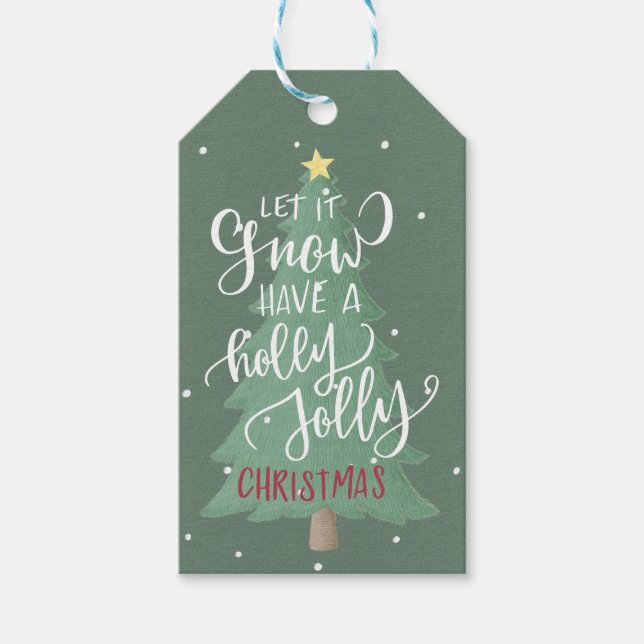 Étiquettes-cadeau Typographie de l'arbre de Noël Chasseur Vert Blanc (Devant)