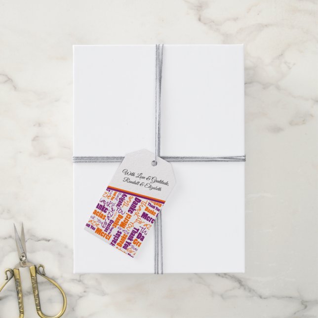 Étiquettes-cadeau Typographie de Merci multilingue violet orange (Avec de la ficelle)